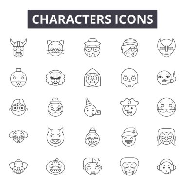 Karakterler satır simgeleri, işaretler kümesi, vektör. Karakterler anahat kavramı, illüstrasyon: kişi, karakter, insan, iş, insan, sosyal