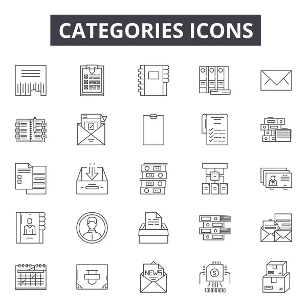Categorías iconos de línea, conjunto de signos, vector. Categorías esquema concepto, ilustración: colección, categoría, web, interfaz, media — Vector de stock