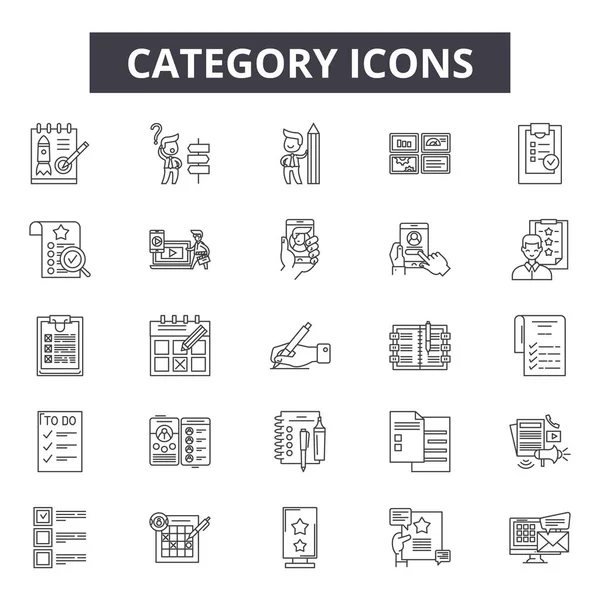 Categoría iconos de línea, conjunto de signos, vector. Concepto del esquema de la categoría, ilustración: colección, categoría, tela, interfaz, medios — Archivo Imágenes Vectoriales