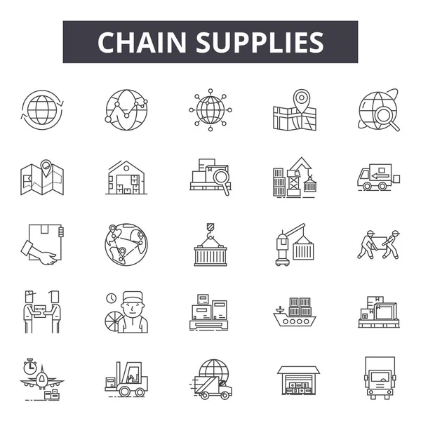 Catena fornisce icone linea, segni set, vettore. Chain supplies outline concept, illustrazione: business, supply, chain, transport, industry, delivery, truck, warehouse, concept — Vettoriale Stock