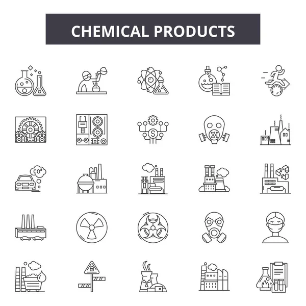 Produits chimiques icônes de ligne de produits, ensemble de signes, vecteur. Produits chimiques esquisse concept, illustration : chimique, bouteille, produit, nettoyer, pulvérisation, hygiène, plastique — Image vectorielle