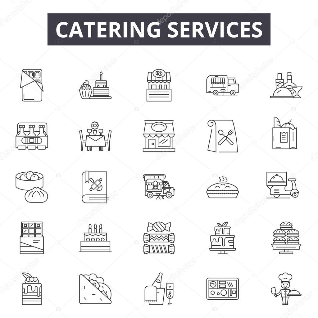 Catering services line icons, signs set, vector. Catering services outline concept illustration: catering,service,restaurant,dinner,food,lunch,menu