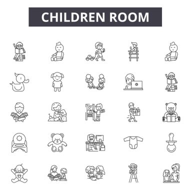 Çocuk odası çizgi simgeleri, işaretler seti, vektör. Çocuk odası anahat kavramı, illüstrasyon: oda, piktogram, mobilya, bebek, dechild