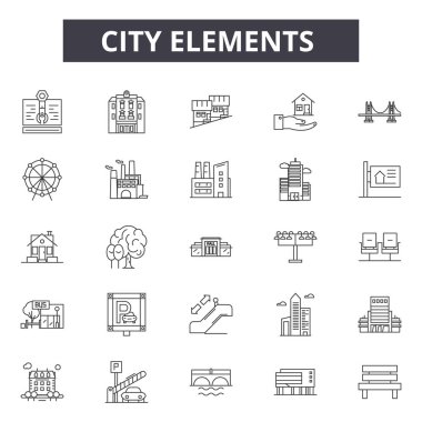 Şehir elemanları çizgi simgeleri, işaretler kümesi, vektör. Şehir öğeleri anahat kavramı, illüstrasyon: şehir, dearchitecture, bina, kentsel, düz, eleman