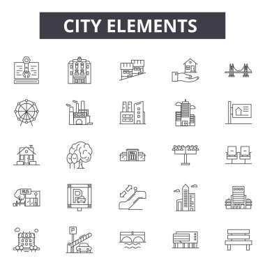 Şehir elemanları çizgi simgeleri, işaretler kümesi, vektör. Şehir öğeleri anahat kavramı, illüstrasyon: şehir, dearchitecture, bina, kentsel, düz, eleman