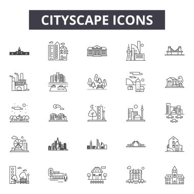 Cityscape çizgi simgeleri, işaretler seti, vektör. Cityscape anahat kavramı, illüstrasyon: kentsel, cityscape, şehir, şehir, gökdelen, mimari