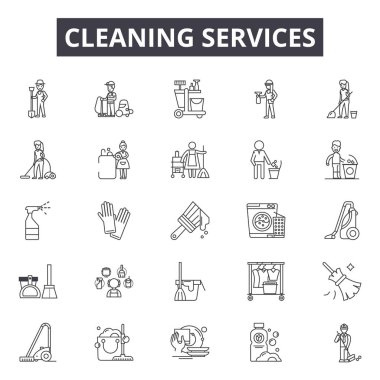 Temizleme hizmetleri satır simgeleri, işaretler seti, vektör. Temizlik hizmetleri anahat kavramı, illüstrasyon: ev, servis, sprey, paspas, temizleyici, sünger, kova