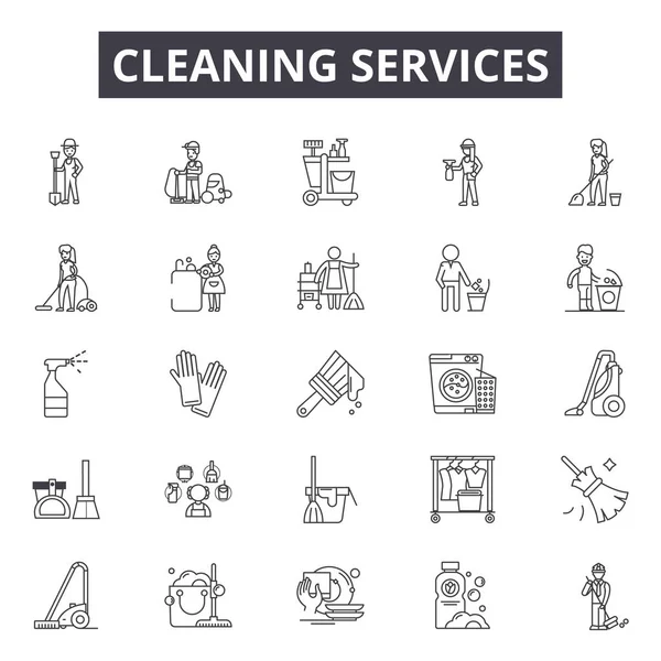 Temizleme hizmetleri satır simgeleri, işaretler seti, vektör. Temizlik hizmetleri anahat kavramı, illüstrasyon: ev, servis, sprey, paspas, temizleyici, sünger, kova — Stok Vektör