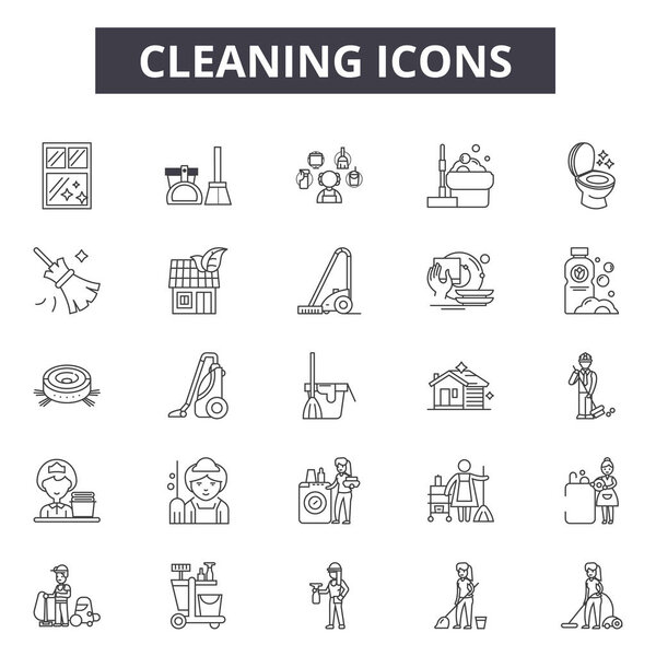 Cleaning line icons, signs set, vector. Cleaning outline concept, illustration: sponge,spray,mop,cleaner,broom,vacuum,house