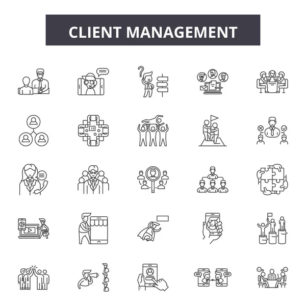 Icone della linea di gestione clienti, set di segni, vettore. Concetto di schema di gestione del cliente, illustrazione: business, client, management, customer, service, support, user, relationship — Vettoriale Stock
