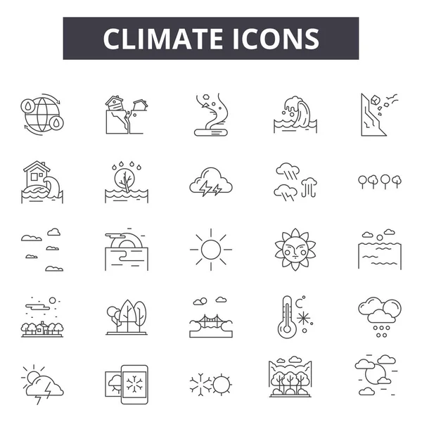 Ikony klimatických čar, nastavení značek, vektor. Koncepce klimatického obrysu, ilustrace: podnebí, počasí, chlad, síť WWW, vítr, příroda, déšť — Stockový vektor