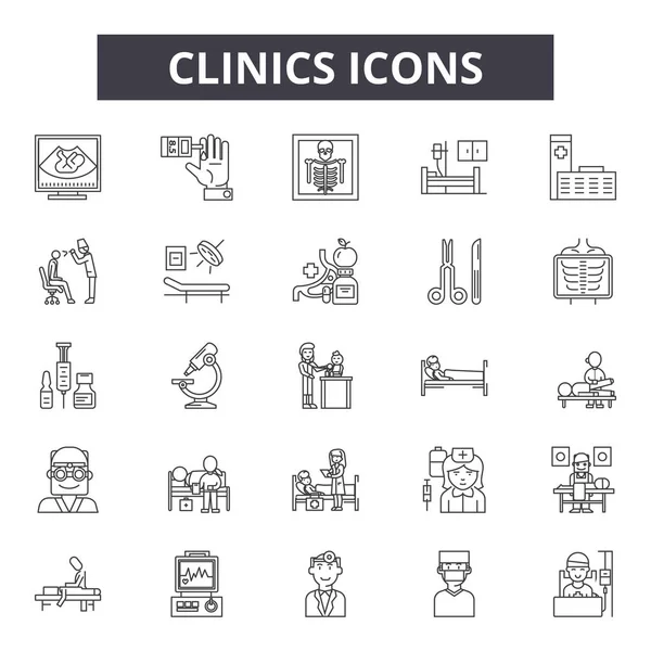 Clínicas línea de iconos, signos establecidos, vector. Concepto del esquema de las clínicas, ilustración: clínica, médico, medicina, cuidado, salud, hospital, doctor — Archivo Imágenes Vectoriales