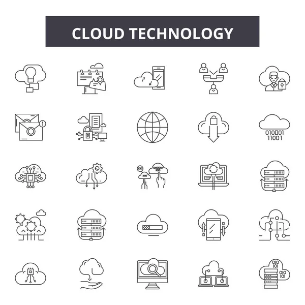 Icônes de ligne de technologie Cloud, ensemble de signes, vecteur. Concept de contour de la technologie Cloud, illustration : ordinateur, technologie, réseau, communication, cloud, internet, données, connexion, information — Image vectorielle