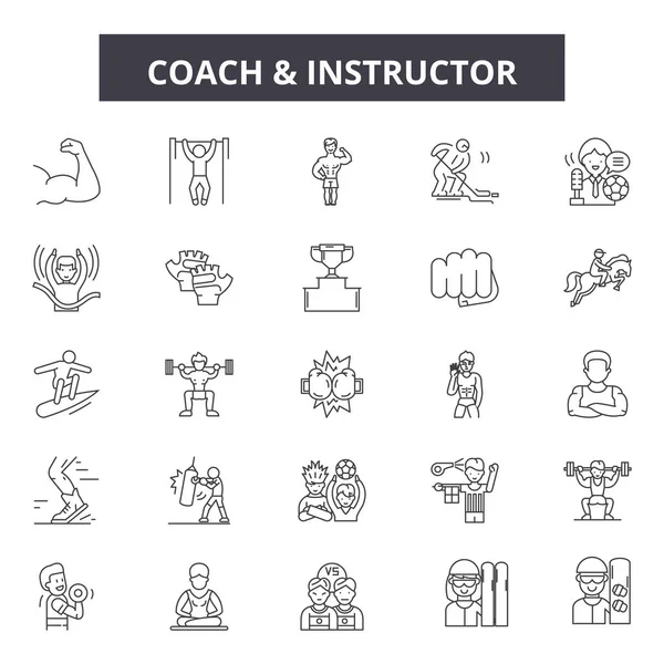 Coach en instructeur lijn iconen, borden set, Vector. Coach en instructeur outline concept, illustratie: instructeur, coach, opleiding, trainer, docent, onderwijs, persoon, hoorcollege, studie — Stockvector