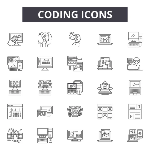 Codeer lijn iconen, borden set, Vector. Coderings overzicht concept, illustratie: technologie, code, Data, computer, digitaal — Stockvector