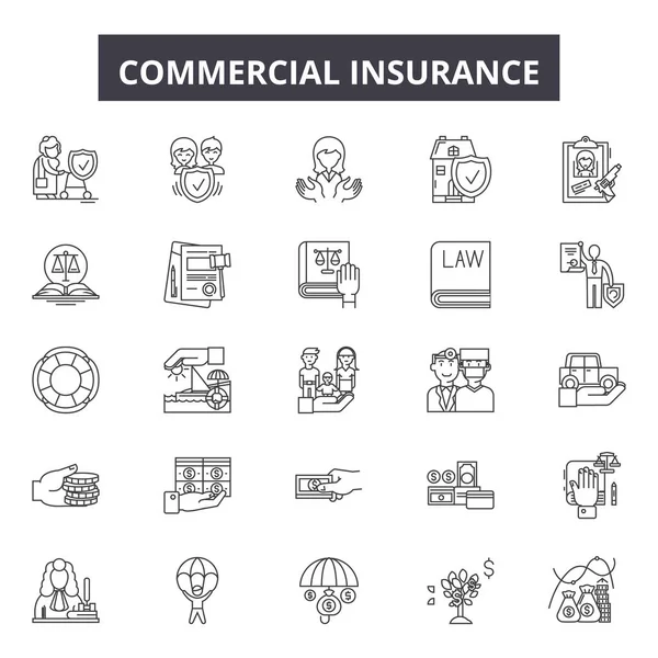 Иконки коммерческих страховых линий, наборы табличек, вектор. Commercial insurance outline concept, illustration: insurance, business, commercial, property, protection, vehicle — стоковый вектор