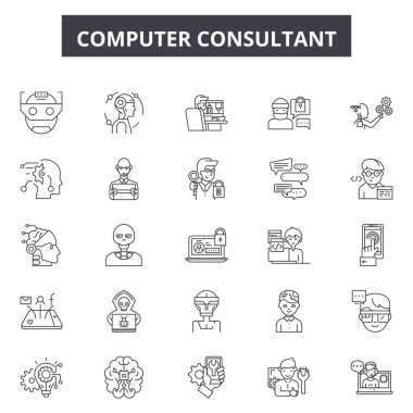 Bilgisayar danışmanı çizgi simgeleri, işaretler seti, vektör. Bilgisayar danışmanı anahat kavramı, illüstrasyon: bilgisayar, iş, danışmanlık, hizmet, destek, web, set