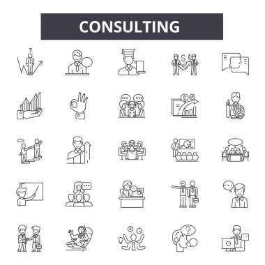 Danışma hattı simgeleri, işaretler seti, vektör. Danışmanlık anahat kavramı, illüstrasyon: iş, danışmanlık, iletişim, destek, hizmet, ekip