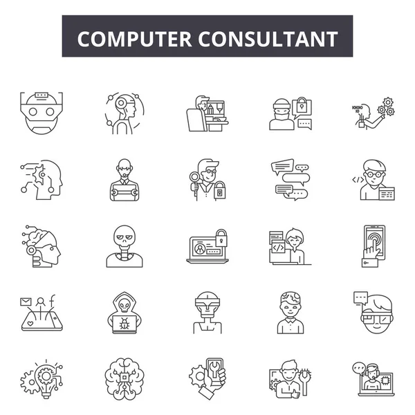 Computer consultant lijn iconen, borden set, Vector. Computer consultant outline concept, illustratie: computer, Business, Consulting, service, ondersteuning, Web, set — Stockvector