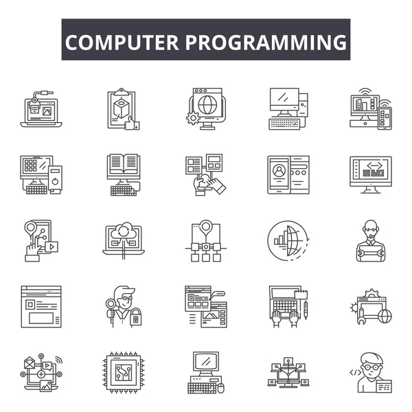 Computer programming line icons, signs set, vector. Computer programming outline concept, illustration: web,technology,development,computer,programming,coding,internet,website — Stock Vector