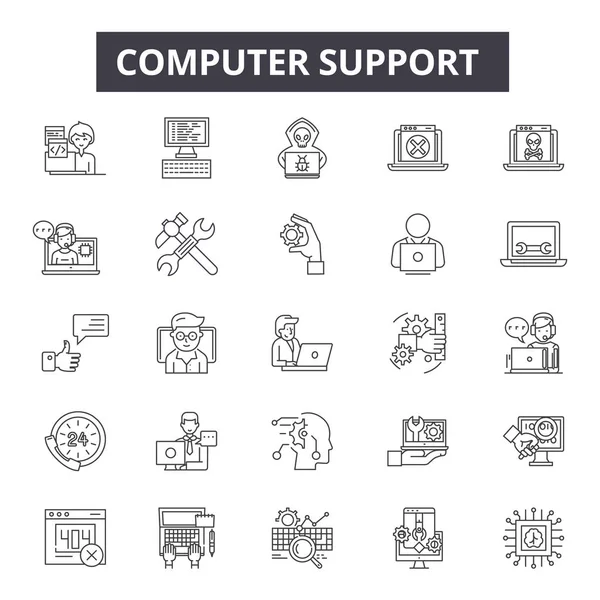 Computer ondersteuning lijn iconen, borden set, Vector. Computer ondersteuning overzichts concept, illustratie: computer, ondersteuning, service, Web, technologie, Tech — Stockvector