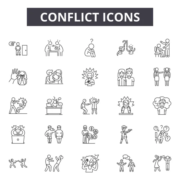 Iconos de línea de conflicto, signos establecidos, vector. Concepto del esquema del conflicto, ilustración: conflicto, negocio, gente, deflat — Vector de stock