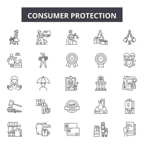 Піктограми лінії захисту споживачів, набір знаків, вектор. Концепція захисту споживачів, ілюстрація: захист, споживач, бізнес, безпека, магазин, покупка, покупка, магазин, символ — стоковий вектор