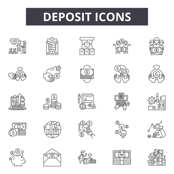 Deposit line icons, signs set, vector. Deposit outline concept, illustration: deposit,money,cash,finance,bank,currency,business,banking