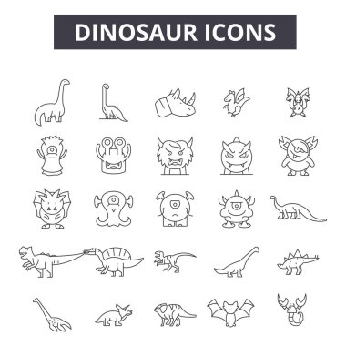 Dinozorlar sıra simgeleri, işaretler seti, vektör. Dinozorlar anahat kavramı, illüstrasyon: dinozor, hayvan, izole, vahşi, tarih öncesi, tyrannosaurus