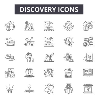 Bulma çizgisi simgeleri, işaretler seti, vektör. Keşif anahat kavramı, illüstrasyon: keşif, desearch, ekipman, araştırma