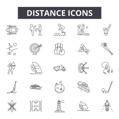 Mesafe çizgisi simgeleri, işaretler kümesi, vektör. Mesafe anahat kavramı, illüstrasyon: mesafe, pin, harita, yolculuk, seyahat, konum, navigasyon