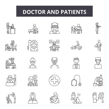 Doktor ve hastalar sıra simgeleri, işaretler seti, vektör. Doktor ve hastalar anahat kavramı, illüstrasyon: hasta, doktor, tıp, sağlık, hastane, bakım, tıp, stetoskop, hemşire