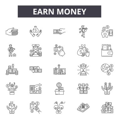 Para hattı simgeleri, işaretler seti, vektör kazanın. Para kazanmak anahat kavramı, illüstrasyon: para, banka, nakit, iş, dolar, finans, yatırım, bankacılık