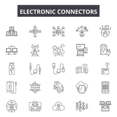 Elektronik konektörler çizgi simgeleri, işaretler seti, vektör. Elektronik konnektörler anahat konsepti, illüstrasyon: konektör, teknoloji, kablo, ekipman, güç, elektronik, bağlantı, tel, veri