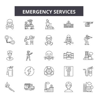 Acil durum hizmetleri hattı simgeleri, işaretler seti, vektör. Acil servisler anahat kavramı, illüstrasyon: acil durum, servis, yardım, destek