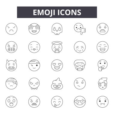 Emoji çizgi simgeleri, işaretler seti, vektör. Emoji anahat kavramı, illüstrasyon: yüz, emoji, gülümseme, emothappy, üzgün