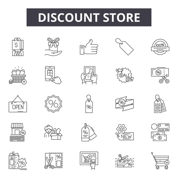 Discount store line icons, signs set, vector. Discount store outline concept, illustration: discount,store,bag,shop,basket,money,cart,buy — Stock Vector