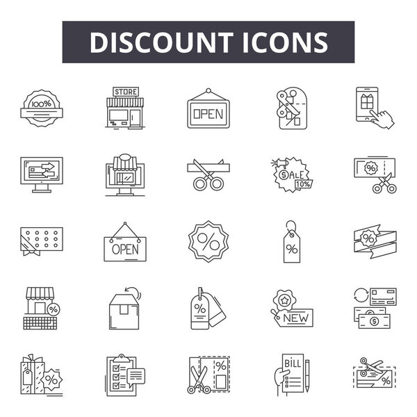 Discount line icons, signs set, vector. Discount outline concept, illustration: discount,sale,price,tag,business,label