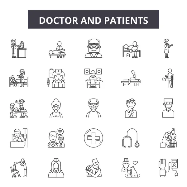 El médico y los pacientes se alinean iconos, signos establecidos, vector. Concepto del esquema del doctor y de los pacientes, ilustración: paciente, doctor, médico, salud, hospital, cuidado, medicina, estetoscopio, enfermera — Archivo Imágenes Vectoriales