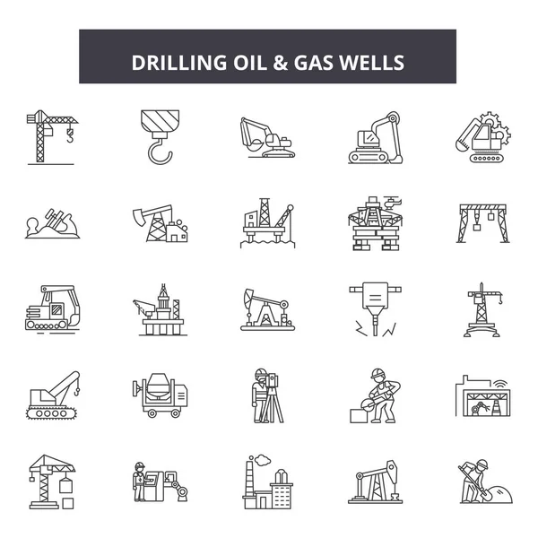 Wiercenie ikon linii olejowych, znaków, wektor. Olej wiertniczy koncepcja, ilustracja: paliwo, gaz, olej, gasopetroleum, przemysł, energia, rafineria — Wektor stockowy