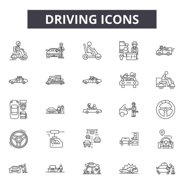 Iconos de línea de conducción, letreros, vector. Concepto del contorno de conducción, ilustración: coche, auto, impulsión, vehículo, rueda, carretera, automóvil — Vector de stock