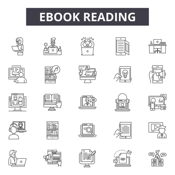 Ebook olvasó line ikonok, jelek készlet, vektor. Ebook Reading vázlatfogalom, illusztráció: ebook, könyv, könyvtár, az oktatás, irodalom, olvasás, oldal — Stock Vector