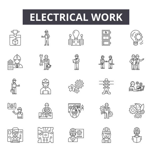 Ícones de linha de trabalho elétrico, conjunto de sinais, vetor. Conceito de esboço de trabalho elétrico, ilustração: trabalho, trabalhador, elétrico, ferramenta, industrial, deset —  Vetores de Stock