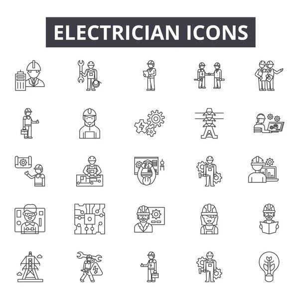 Elektricien lijn iconen, borden set, Vector. Elektricien omtrek concept, illustratie: elektricien, elektriciteit, macht, energie, elektrisch, set — Stockvector