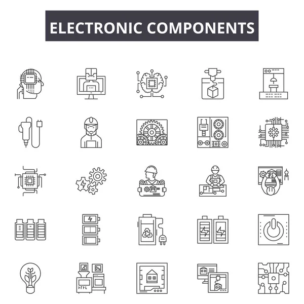 Elektronik bileşenler çizgi simgeleri, işaretler seti, vektör. Elektronik bileşenler anahat kavramı, illüstrasyon: bilgisayar, teknoloji, işlemci, çip, bileşen, elektronik, işlemci — Stok Vektör