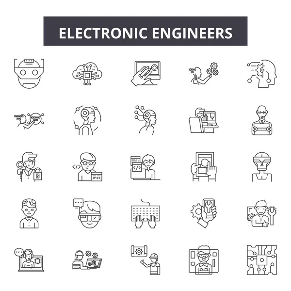 Ingenieros electrónicos línea de iconos, letreros conjunto, vector. Ingenieros electrónicos esbozan concepto, ilustración: computadora, ingeniería, electrónica, eléctrica, deproducción, ingeniero — Vector de stock