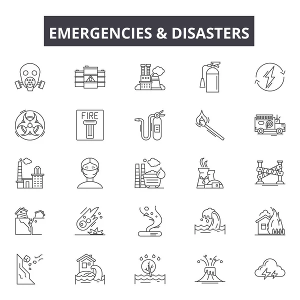 Emergencias y desastres línea de iconos, signos establecidos, vector. Emergencias y desastres esbozan concepto, ilustración: desastre, peligro, emergencia, agua, fuego — Vector de stock