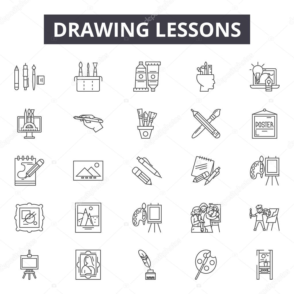 Drawing lessons line icons, signs set, vector. Drawing lessons outline concept, illustration: drawing,lesson,education,school,book,university,college