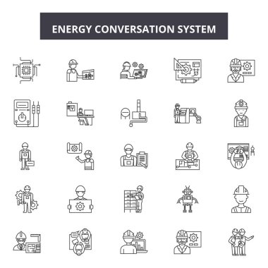 Enerji konuşma sistemi satır simgeleri, işaretler seti, vektör. Enerji konuşma sistemi anahat kavramı, illüstrasyon: enerji, sistem, teknoloji, internet, ev, iletişim, gelecek, modern