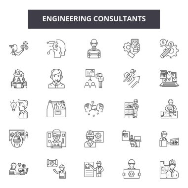 Mühendislik danışmanı çizgi simgeleri, işaretler seti, vektör. Mühendislik danışmanı anahat kavramı, illüstrasyon: mühendis, iş, teknoloji, konsept, yönetim, danışmanlık, adam